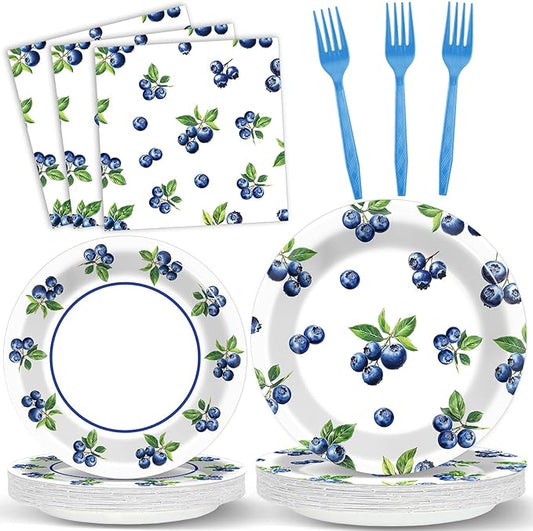 Wiooffen 96 Pcs Blueberry Party Plates Napkins Tableware Set Blueberry Baby Shower Supplies Summer Happy Birthday Disposable Dinnerware Berry Themed Decoration Favors for Spring Party, 24 Guests