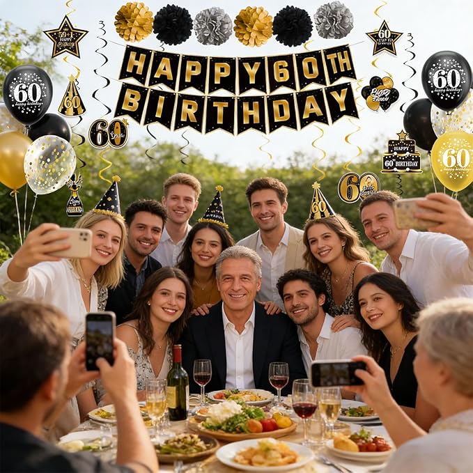 60th Birthday Decorations, Pre-Strung Happy Birthday Banner with Balloons, Backdrop, Honeycomb Centerpieces, Hanging Swirl Streamers, Black Gold Happy Birthday Party Decorations for Men Women