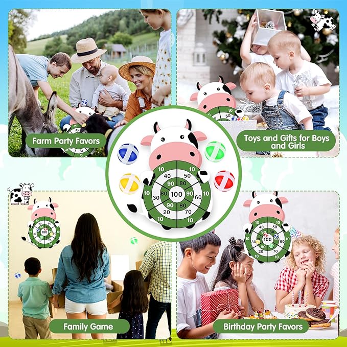 HyDren Cow Dart Party Game Farm Dart Party Favors 31x24 Cow Dart Board with 12 Sticky Balls Toys Farm Game Party Decorations Animal Birthday Party Gift for Indoor Outdoor Game