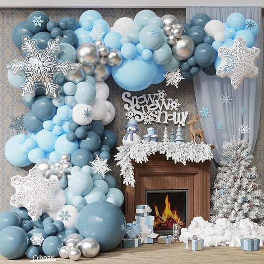 144Pcs Winter Wonderland Balloon Garland Arch Kit, Blue White Metallic Silver Latex Balloons with Snowflake Foil Balloons for Christmas Holiday Snow Princess Baby Shower Birthday Decorations