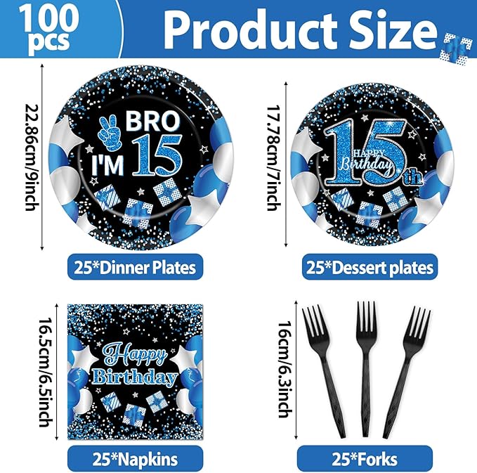 100 Pcs 15th Birthday Decorations for Teen Boys Blue and Black 15th Plate Napkin Forks Set Disposable Teen 15 Year Old Birthday Tableware Dinnerware for I’m 15 Bro Party Supplies Favors Serve 25