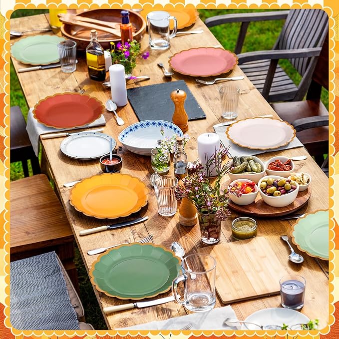 96 Pcs Colorful Paper Plates 9 Inch Boho Scalloped Paper Disposable Dinner Dessert Plates for Birthday Wedding Bridal Party Supplies, 6 Colors