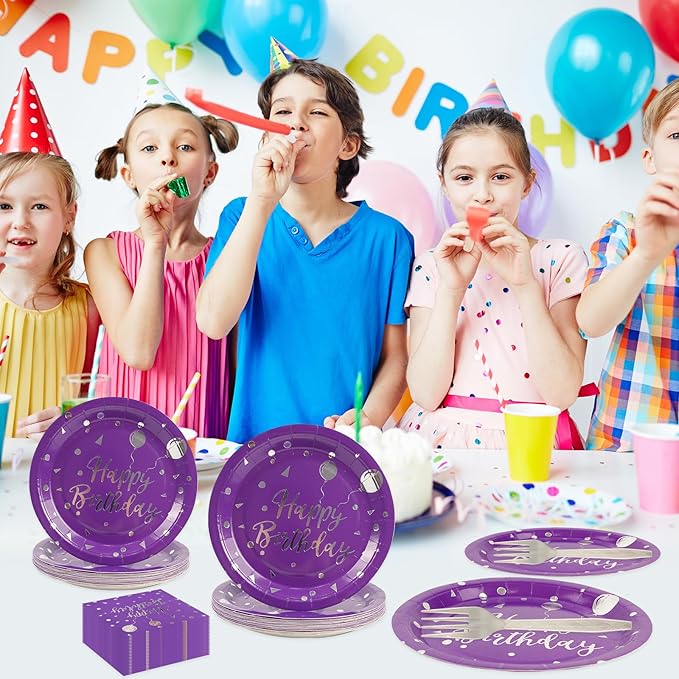 75PCS Happy Birthday Paper Plates and Napkins Set-Disposable Purple and Sliver 7IN Party Dessert Plates 6.5IN Napkins Gold Forks Tableware Set for Birthday Wedding Graduation Party Decoration Serve 25