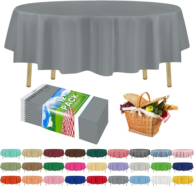 ZIMPLEWARE Premium Silver Plastic Table Cloth Disposable (12 Pack) Round Tablecloth (84in) Party Table Cloths Disposable, Perfect Table Cloth Round Cover for Any Table Up to 6 Feet
