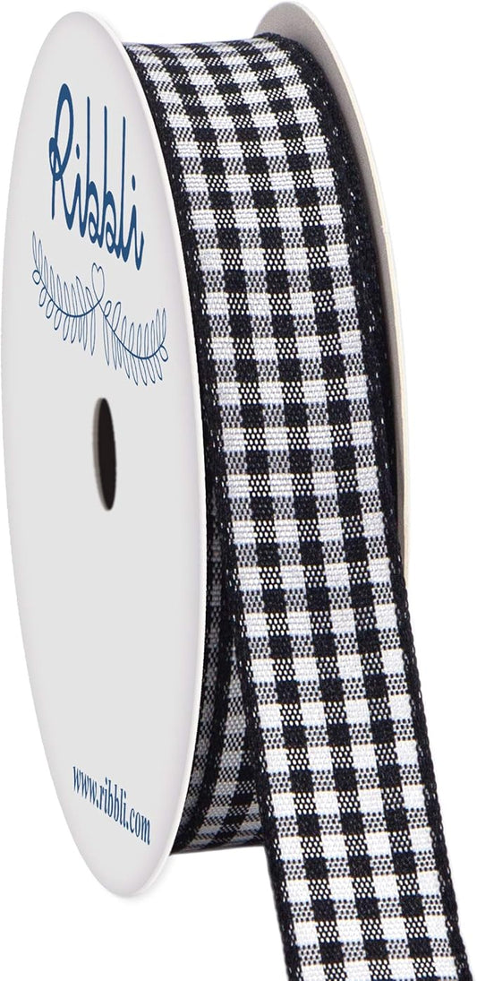 Ribbli Black and White Gingham Ribbon,100% Polyester Woven Edge,5/8 Inch x 10 Yard,Plaid Ribbon,Buffalo Checked Ribbon (Black 1)