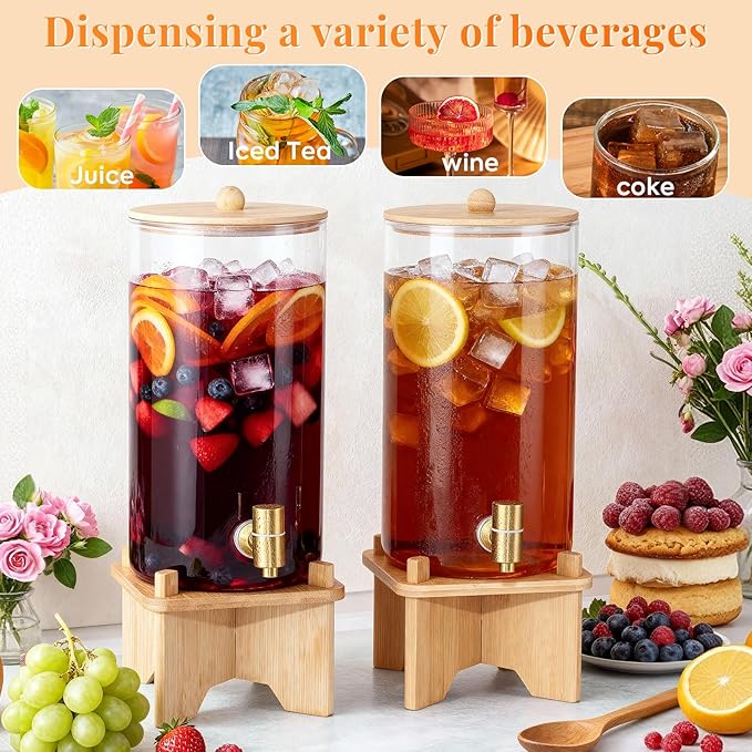 FavorFlavor Glass Drink Dispenser for Parties:2PCS 1.5 Gallon Large Beverage Dispenser with Stand,Water Lemonade Dispenser with Stainless Steel Spigot,Ideal for Dispensing Juice, Beverages, Sun Tea