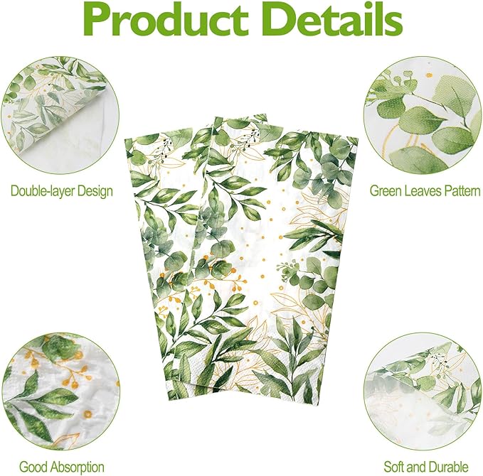 Greenery Paper Napkins, 200 Pcs Green Napkins Disposable, Green Guest Eucalyptus Leaf Decorative Dinner Napkin Paper Hand Towels for Bathroom Wedding Birthday Graduation Spring Party Decor Supplies