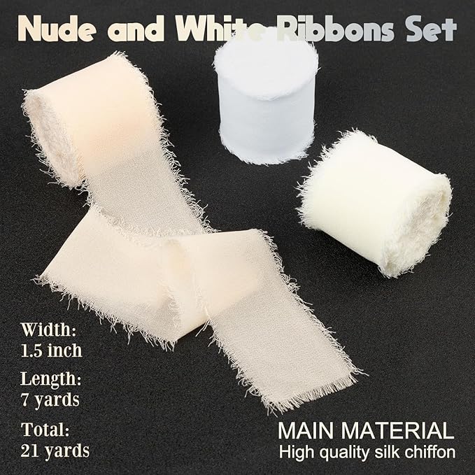 White Chiffon Ribbon 1.5 Inch x 21Yds Handmade Fringe Chiffon Silk Ribbon White/Cream/Nude Frayed Chiffon Ribbon for Wedding Invitation Flower Bouquets Gift Wrapping Bridal Shower Baby Shower