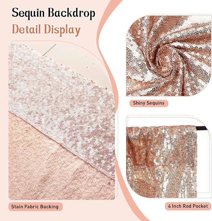 SquarePie 5x7ft Rose Gold Sequin Backdrop, High Density Non-Transparent Glitter Curtain for Photography, Birthday, Wedding Party Decorations, Thick Solid Background with 4" Rod Pocket, 1 Panel
