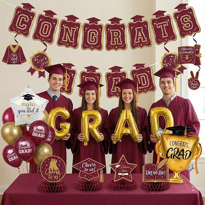 Maroon Gold Balloons Burgundy GRAD Print Balloons with Banner Table Honeycomb Centerpieces Hanging Swirl trophy star GRAD Letters Mylar Balloons for 2026 graduate Prom Decorations