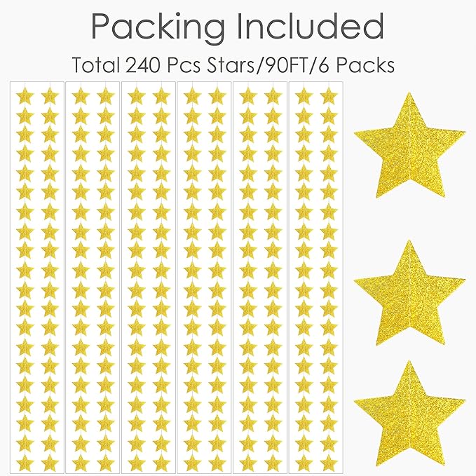 Glitter Gold Iridescent-Star-Garland 90FT – 240 Pcs Sparkling Star Streamers – Hanging Glitter Star Banner Backdrop for Birthday, Baby Shower, Wedding, Christmas Party Decorations (6 Packs)