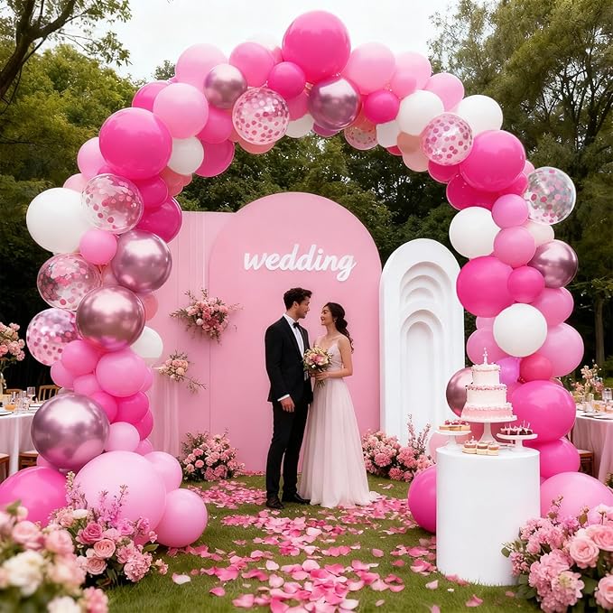 Hot Pink White Balloons Set, Include 50pcs 12inch Pastel Light Pink Confetti White Latex Balloons and Metallic Pink Balloon with Ribbons for Birthday Wedding Princess Party Decorations