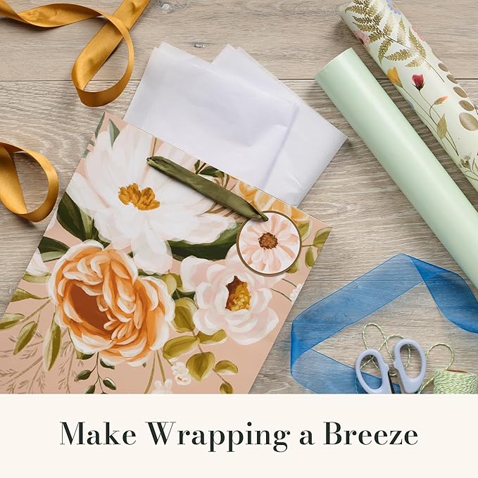 Christian Art Gifts Large Portrait Inspirational Gift Bag, Tag & Wrapping Tissue Paper Set for Women: Congratulations, Weddings, Anniversaries, Satin Ribbon Handles, Peach Pink/Gold Multicolor Floral