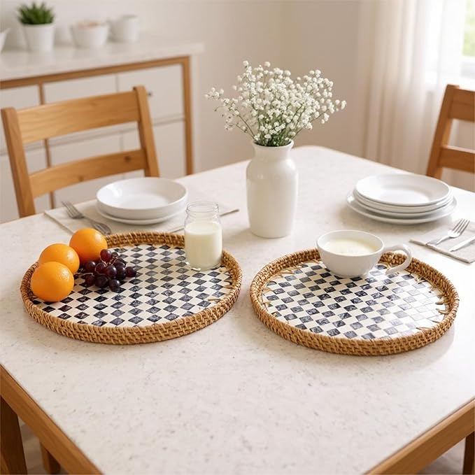 Round Rattan Tray with Mother of Pearl Inlay, Handwoven Wicker Coffee Table Serving Basket Tray for Fruit Snack Party Picnic Cafe Bedroom Kitchen Home Decor Set of 2 (Checkerboard)