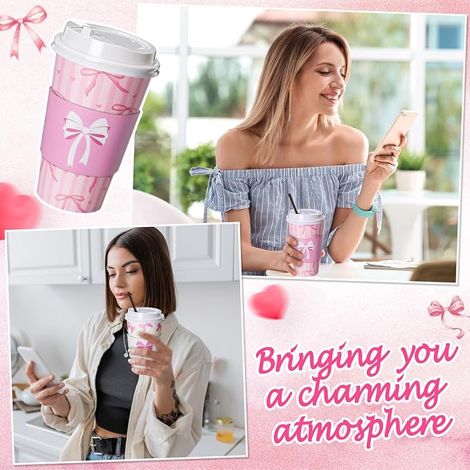 Jingmore 50 Set Pink Bow Coffee Cups with Lids, Straws and Sleeves Pink Bowknot Disposable Drinking Cup for Wedding Coquette Birthday Baby Shower Bachelorette Party Supplies (16 oz)