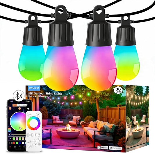 Outdoor String Lights APP Control with Remote, 118(98+12) ft RGB+IC+Warm White Outdoor Light 36 LED Bulbs, NOT Extendable, Music Sync for Garden Party Decor Christmas
