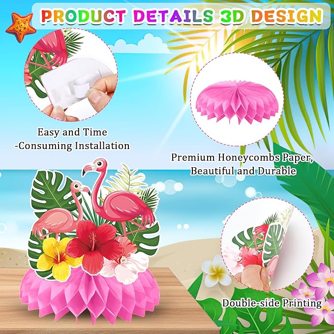 JULMELON 8PCS Hawaiian Luau Party Decorations Honeycomb Centerpieces, 3D Double Side Luau Centerpieces for Tables Tropical Hawaiian Birthday Themed Party Decorations Supplies
