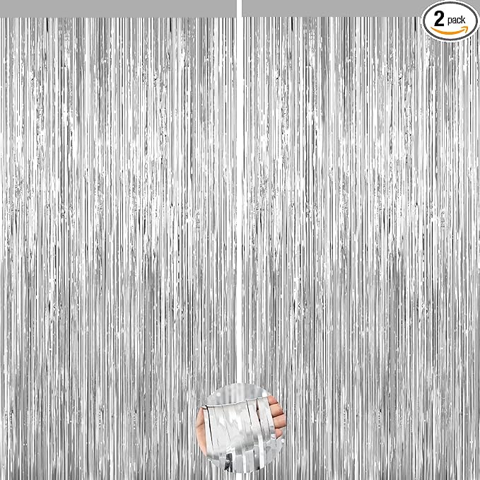 Silver Foil Curtain Backdrop, 2Pack Silver Metallic Tinsel Foil Fringe Curtains Photo Booth Props for Birthday Wedding Engagement Bachelorette Baby Shower Christmas Celebration Disco Party Decorations