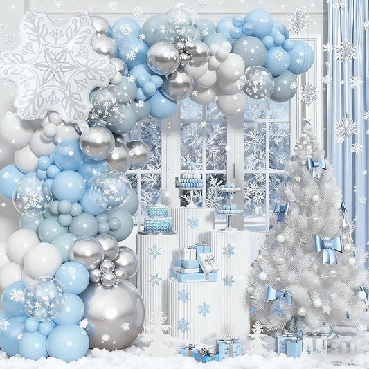 HILAVO Snowflake Balloon Arch kit, 128PCS Blue Silver White Balloon Garland with Snowflake Foil Balloons for Winter Wonderland Christmas Holiday Baby Shower Snow Princess Birthday Party Decorations