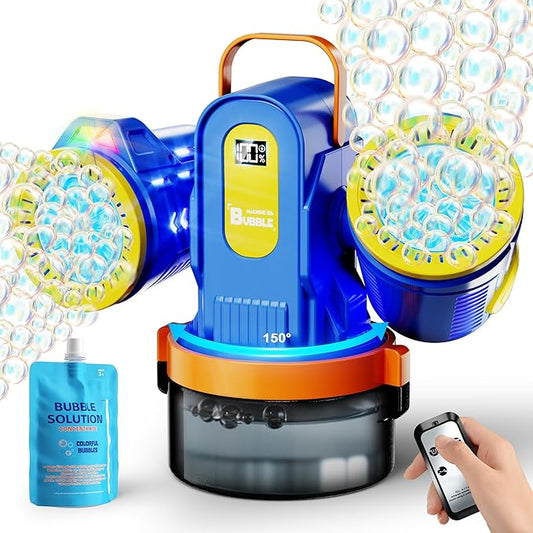 Belemar Dual-Engine Bubble Machine for Kids with RGB Lights & Remote Control, 150° Auto Rotation, Battery Status Display, Type-C Rechargeable,700mL Tank for Parties, Weddings, Outdoor Events