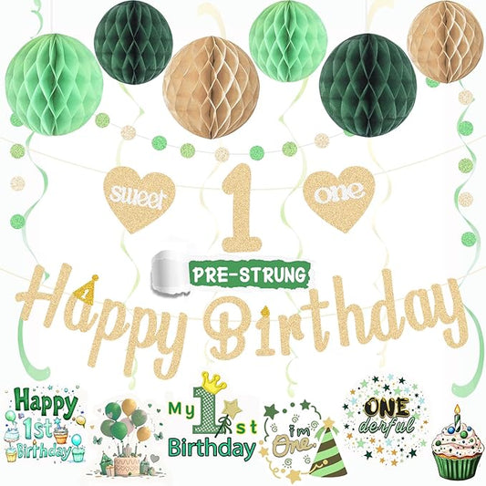 First Birthday Decorations for Boy, Pre-Strung Sweet One and Happy Birthday Banner with Honeycomb Balls, Hanging Swirls, Circle Dots Garland for 1st Birthdays Decorations Boy Girl 21pcs