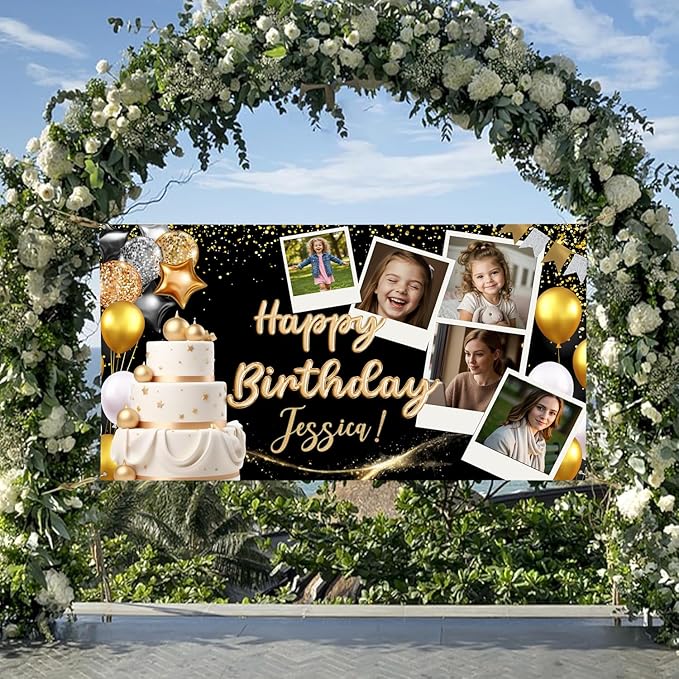 Customized Birthday Banner Personalized with Pictures and Name, Happy Birthday Party Decorations for Husband or Men, Unique Celebration Backdrop Banner for Event