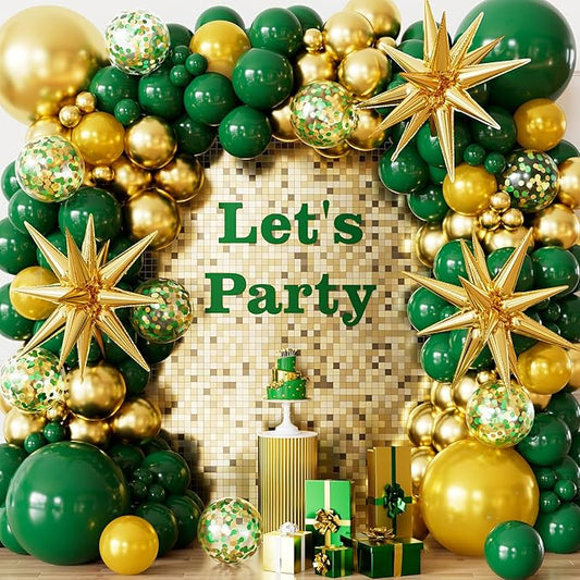 Green and Gold Balloons Garland Arch Kit, 117PCS Dark Green & Gold Balloons Garland with Confetti and Star Foil Balloons for Birthday, Graduation, Emerald Green Jungle Party Decorations