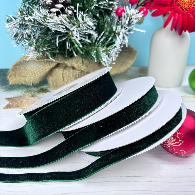 Vintage Dark Green Velvet Ribbon Set, Thin Velvet Ribbon for Gift Wrapping, 3 Rolls Skinny Christmas Ribbons for Christmas Tree Bow Ornaments, Holiday Decor, 3/8,5/8,1 inch Wide, 30 Yards Total
