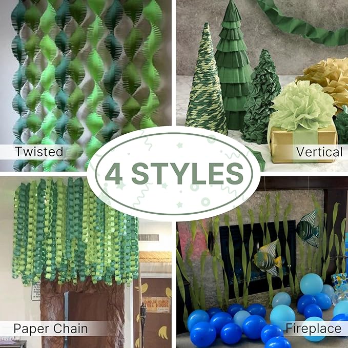 PartyWoo Crepe Paper Streamers 4 Rolls 328ft, Pack of Sage Green Crepe Paper for Party, Wedding, Birthday, Baby Shower Decorations (1.8 Inch x 82 Ft/Roll)