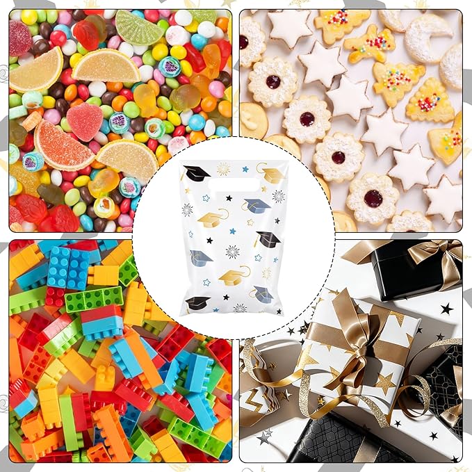Hxezoc 50 Pieces Graduate Gift Bags with Handle, Plastic Treat Candy Bag Graduation Party Favor Bags for Graduation Season Themed Party Decoration Supplies