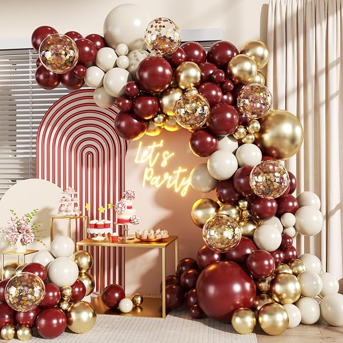 Burgundy Balloon Arch Garland Kit, 140Pcs Burgundy Maroon Gold Sand White Confetti Balloons With Stars for Birthday Christmas Birdal Shower Graduation Party Decorations