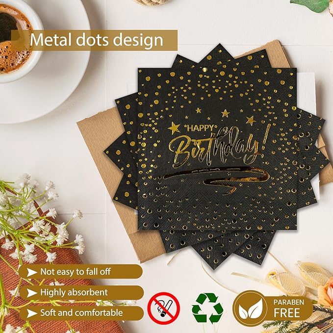 72PCS Happy Birthday Plates and Napkins Party Supplies, Black Gold Dot Paper Plates and Napkins with Forks Disposable Tableware Set for Birthday Party Decorations, Serves 24