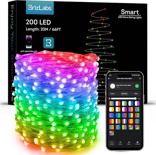 BrizLabs Smart Fairy String Lights, 66ft 200 LED WiFi 4th of July Fairy Lights App Control, Dimmable Red White Blue Light Rainbow Christmas Light, Music RGB Xmas Lighting Work with Alexa & Google Home