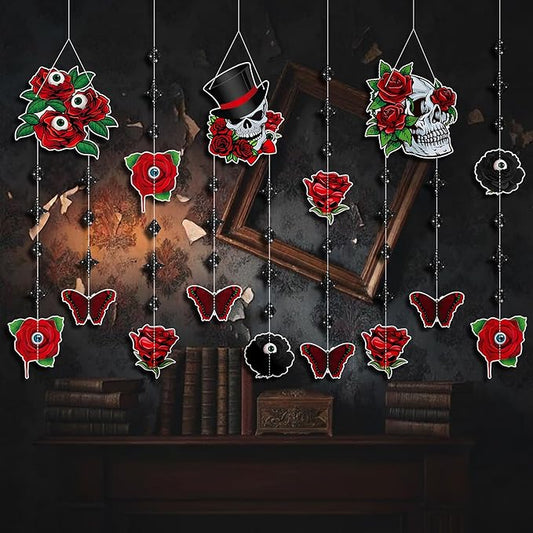 KatchOn, Day of The Dead Garland Red and Black – Pack of 6 | Spooky Hanging Banners for Day of The Dead Decorations | Roses, Skulls & Butterfly Ornaments for Halloween Decorations | Day of Dead Decor