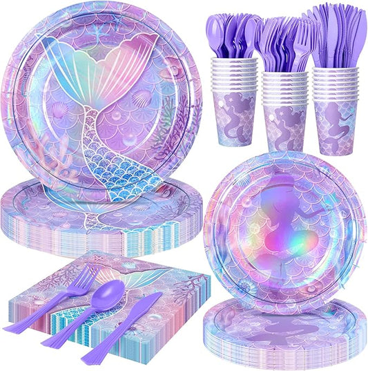 Purple Mermaid Party Tableware Supplies, 168PCS Mermaid Plates Napkins Cups and Purple Cutlery Set, 24 Set Mermaid Disposable Dinnerware Set for Birthday Party Decorations