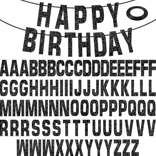 78 Pcs Make Your Own Banner Kits Large Size 6 Inch DIY Glitter Letter Pack Reuse Letters Banner Kit with White Ribbon for Birthday Wedding Shower Party Favor Wedding Wall Decor (Gold Glitter Black)