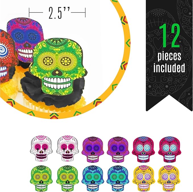 Large Edible Sugar Skulls Assorted Set of 12 - Wafer Cake & Cupcake Toppers - edible sugar skulls for cake decorating - Dia De Los Muertos & Halloween cupcake toppers