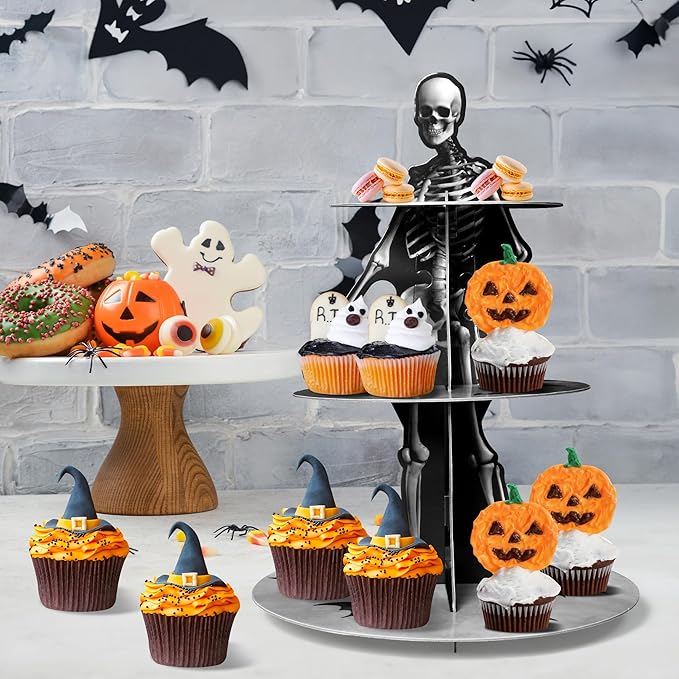 Haooryx Halloween Skeleton Cupcake Stand - 3 Tier Scary Bone Cupcake Tower Cardboard Gothic Style Black Dessert Holder Pastry Platter for Halloween Theme Party Table Decoration Birthday Party Supplies