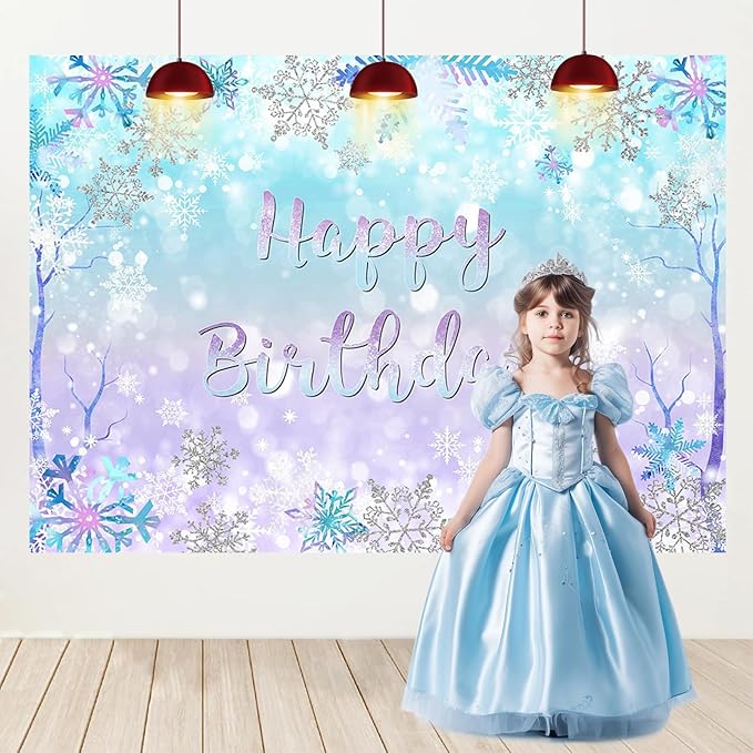 Mocsicka Winter Birthday Backdrop for Girl Ice Snow Birthday Party Decoration Blue Purple Silver Winter Wonderland Banner Snowflake Bokeh Photo Booth Props (Blue Purple, 6x4ft(72''x48''))