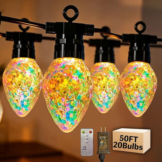 Outdoor String Lights, 50FT 20 LED Iridescent Holographic Bulbs, Waterproof Patio Lights with Remote Control, Shatterproof Connectable Lights for Backyard, Porch, Garden, and Party