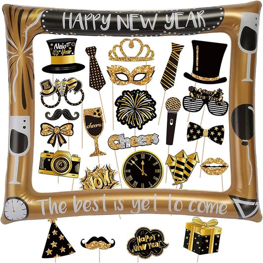 Happy New Years Eve Photo Booth Props Kit 2026 New Year's Eve Party Supplies Black Gold 1 Large NYE Photo Booth Frame and 24 Happy New Year Photo Props Selfie Props Decorations