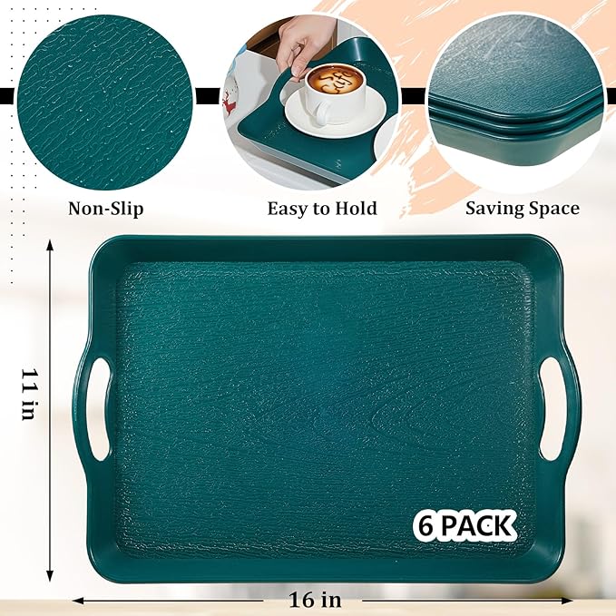 Kathfly 6 Pcs Green Serving Trays with Handles Trays for Eating 16 x 11 Inch Multi Purpose Plastic Tray Rectangular Anti Skid Decorative Food Tray for Restaurant Breakfast Countertop Party Kitchen