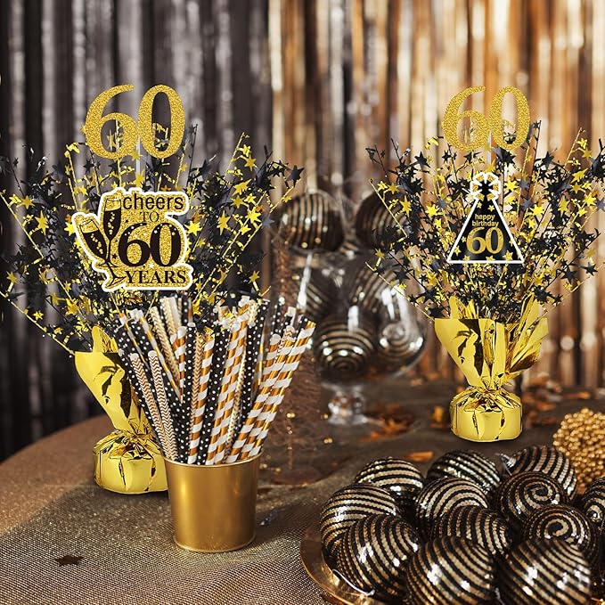 Tatuo 4 Pcs Metallic Foil Spray Centerpiece Happy 30th 40th 50th 60th Years Centerpiece Table Decorations for Black and Gold Birthday Anniversary Wedding Party Table Decor(60th Birthday)