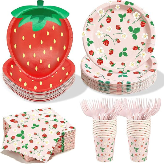 OuMuaMua 250pcs Strawberry Paper Plates Set, 8.5 and 9 Inch Disposable Plate Strawberry Theme Party Decorations Napkins Forks and Cups for Dinner Shortcake Birthday Wedding, Serves 50
