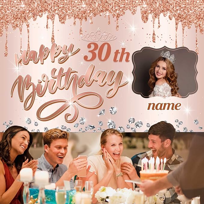 Custom Rose Gold Happy Birthday Backdrop for Girls Women,Personalization Rose Gold Happy Birthday Banner Glitter Diamond Birthday Backdrop Sweet Princess Birthday Photography Background