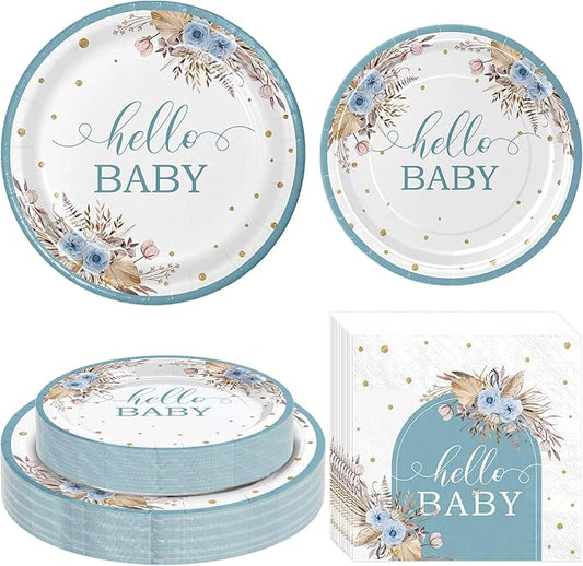 180PCS Dusty Blue Baby Shower Decorations – Blue Hello Baby Paper Plates and Napkins Set, Pampas Grass Boho Disposable Tableware for Baby Shower Party Supplies Decorations
