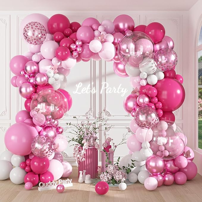 Ouddy Party 149Pcs Hot Pink White Balloon Garland Kit Different Sizes 18 12 10 5Inch, 6Pcs 18” Clear Metallic Rose Gold Confetti Balloons for Princess Baby Shower Wedding Birthday Party Decorations