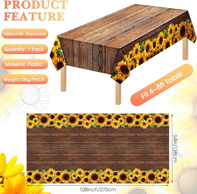 Tegeme 1 Pcs Sunflower Wood Grain Plastic Rustic Tablecloth Vintage Rectangle Table Covers Countryside Outdoor Tablecloth for Dining Table Kitchen Party Banquet, 54 x 108 Inch