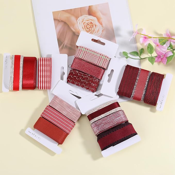 BEEFLYING 3 Styles Dark Red Wire Edged Ribbons for Gift Wrapping Decoration 25~28mm×2.7m Stripe Ribbon Satin Ribbon for Wedding Party Decoration Hair Bows Flower Designs Sewing and Craft, 9 Yards