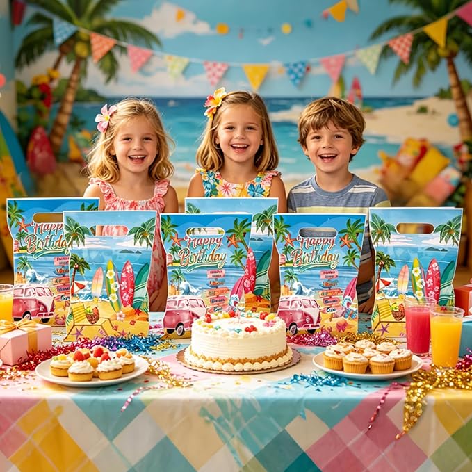 MOIZYNG 50Pcs Beach Birthday Gift Bags with Handles, Vintage Summer Surfing Surfboard Plastic Candy Treat Goodie Bags for Girls Hawaiian Surf Birthday Party Favors Supplies